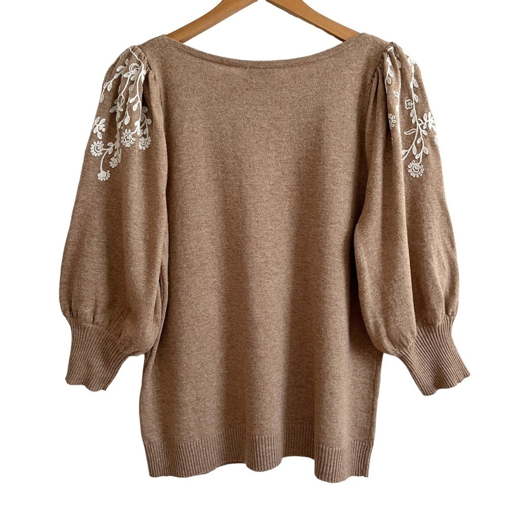 Rain + Rose Angora Blend Sweater Floral Embroidery Puff Shoulders Balloon Sleeve - Picture 3 of 14
